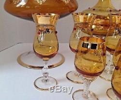 Murano Vintage Italian Amber Color Jeweled Glass Set of 15 Pieces. GORGEOUS
