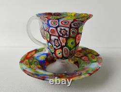 Murano Vintage Millefiori Italian Art Glass Cup & Saucer Set