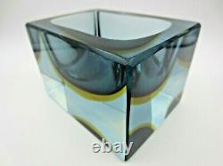 Murano blue amber blue in clear glass heavy faceted block cut bowl V HEAVY RARE