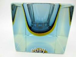 Murano blue amber blue in clear glass heavy faceted block cut bowl V HEAVY RARE