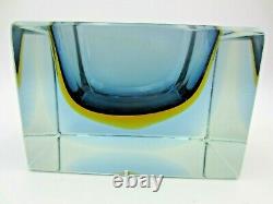 Murano blue amber blue in clear glass heavy faceted block cut bowl V HEAVY RARE