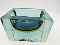 Murano blue amber blue in clear glass heavy faceted block cut bowl V HEAVY RARE