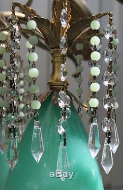 Murano chandelier Ceiling lamp Jade Opaline Glass Brass tole crystal Vintage 1o2