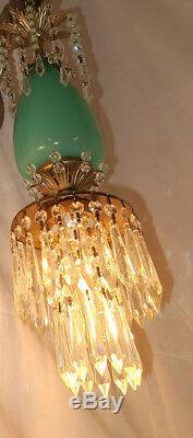 Murano chandelier Ceiling lamp Jade Opaline Glass Brass tole crystal Vintage 1o2