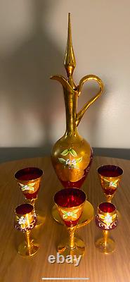 Murano vintage Pitcher with stopper and stemware hand blown art glass 7 pc