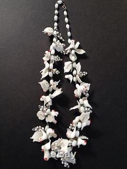 Original Art Deco VTG Venetian Murano Glass White Doves Birds Flowers Necklace