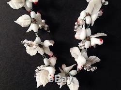 Original Art Deco VTG Venetian Murano Glass White Doves Birds Flowers Necklace