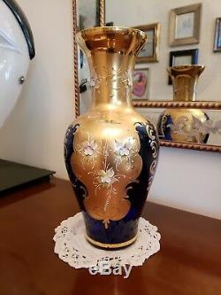 Original Vintage Barbini Murano Vase Cobalt Hand Enamel Gold Decoration
