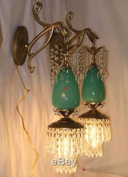 PAIR Sconce lamp Murano Jade Opaline Glass Bronze Brass crystal beaded Vintage