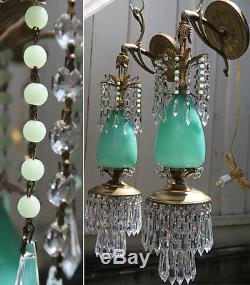 PAIR Sconce lamp Murano Jade Opaline Glass Bronze Brass crystal beaded Vintage