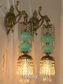 PR Vintage Sconce lamp Murano Jade Opaline Glass Bronze Brass crystal with beads
