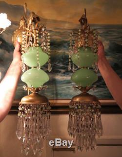 PR Vintage Sconce lamp Murano Jade Opaline Glass Bronze Brass crystal with beads