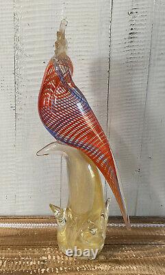 Pair 2 Vintage Murano Gold Blue Red Venetian Art Glass Parrot Cockatoo Bird
