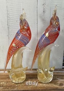 Pair 2 Vintage Murano Gold Blue Red Venetian Art Glass Parrot Cockatoo Bird