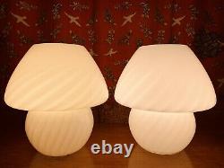Pair 2 Vintage Retro Mushroom Lamps Murano Italian Glass White Swirel Pattern