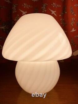 Pair 2 Vintage Retro Mushroom Lamps Murano Italian Glass White Swirel Pattern