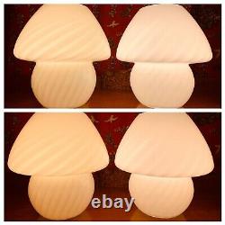 Pair 2 Vintage Retro Mushroom Lamps Murano Italian Glass White Swirel Pattern