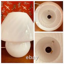 Pair 2 Vintage Retro Mushroom Lamps Murano Italian Glass White Swirel Pattern