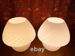 Pair 2 Vintage Retro Mushroom Lamps Murano Italian Glass White Swirel Pattern