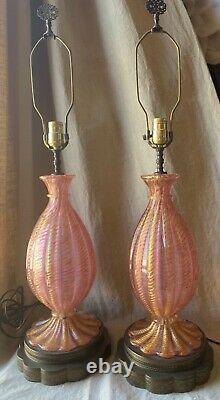 Pair Italian Murano Venetian CORDONATO D'ORO Glass Table Lamp Barovier Toso Vntg