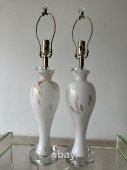 Pair Murano Italy White Gold Art Glass Table Lamps Lucite Bases Vintage
