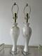 Pair Murano Italy White Gold Art Glass Table Lamps Lucite Bases Vintage