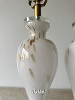 Pair Murano Italy White Gold Art Glass Table Lamps Lucite Bases Vintage