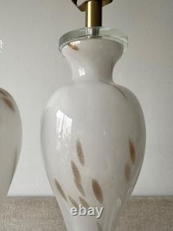 Pair Murano Italy White Gold Art Glass Table Lamps Lucite Bases Vintage