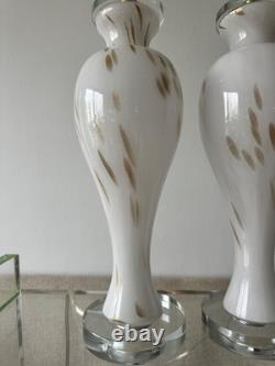 Pair Murano Italy White Gold Art Glass Table Lamps Lucite Bases Vintage