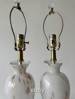 Pair Murano Italy White Gold Art Glass Table Lamps Lucite Bases Vintage