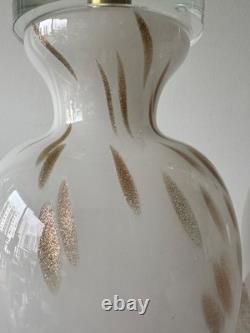 Pair Murano Italy White Gold Art Glass Table Lamps Lucite Bases Vintage