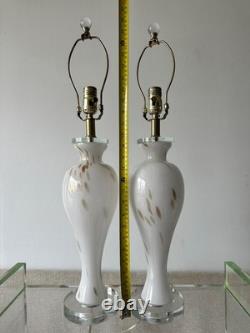 Pair Murano Italy White Gold Art Glass Table Lamps Lucite Bases Vintage