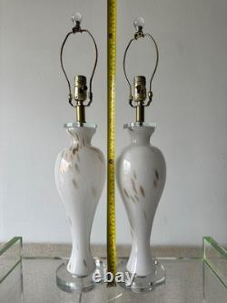 Pair Murano Italy White Gold Art Glass Table Lamps Lucite Bases Vintage