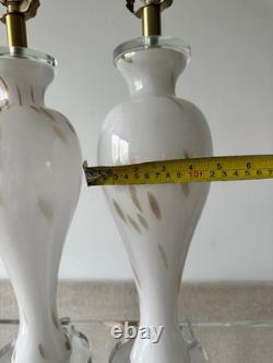 Pair Murano Italy White Gold Art Glass Table Lamps Lucite Bases Vintage