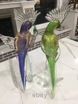 Pair Of Vintage Murano Glass Cockatoo Parrots By Archimede Seguso