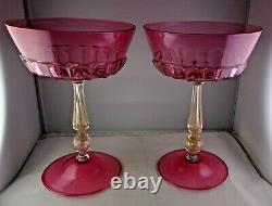 Pair Of Vintage Murano Glass Venetian Cranberry Compotes Gold Aventure Stems