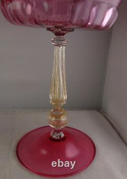 Pair Of Vintage Murano Glass Venetian Cranberry Compotes Gold Aventure Stems