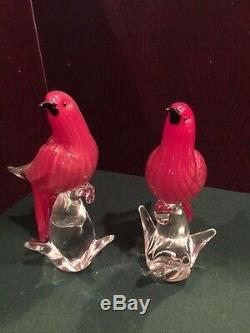 Pair Of Vintage Ruby Red Gold Murano Italy Art Glass Birds