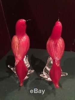 Pair Of Vintage Ruby Red Gold Murano Italy Art Glass Birds