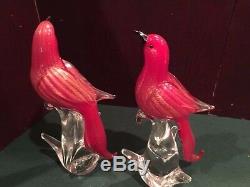 Pair Of Vintage Ruby Red Gold Murano Italy Art Glass Birds