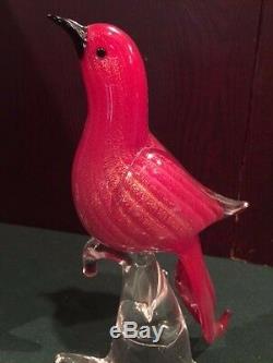 Pair Of Vintage Ruby Red Gold Murano Italy Art Glass Birds