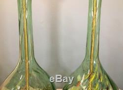 Pair Vintage MURANO Tall Art Glass with Brass Green Twists/Swirls Table Lamps