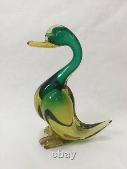 Pair Vintage Mid Century Italian Murano Art Glass Duck Sculpture Green & Amber