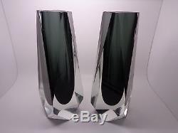 Pair Vintage Murano Mandruzzato Submerged Glass Vases Clear /black (38.2)