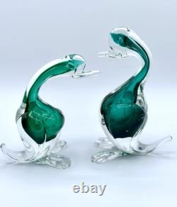 Pair Vintage Murano Seguso Cases Sommerso Emerald Green Art Glass Ducks