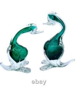 Pair Vintage Murano Seguso Cases Sommerso Emerald Green Art Glass Ducks