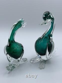 Pair Vintage Murano Seguso Cases Sommerso Emerald Green Art Glass Ducks