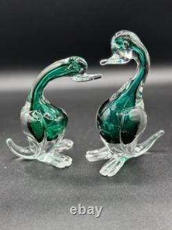 Pair Vintage Murano Seguso Cases Sommerso Emerald Green Art Glass Ducks