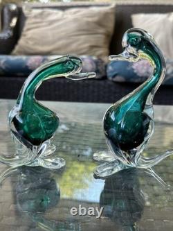 Pair Vintage Murano Seguso Cases Sommerso Emerald Green Art Glass Ducks