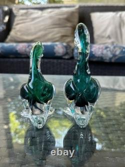 Pair Vintage Murano Seguso Cases Sommerso Emerald Green Art Glass Ducks